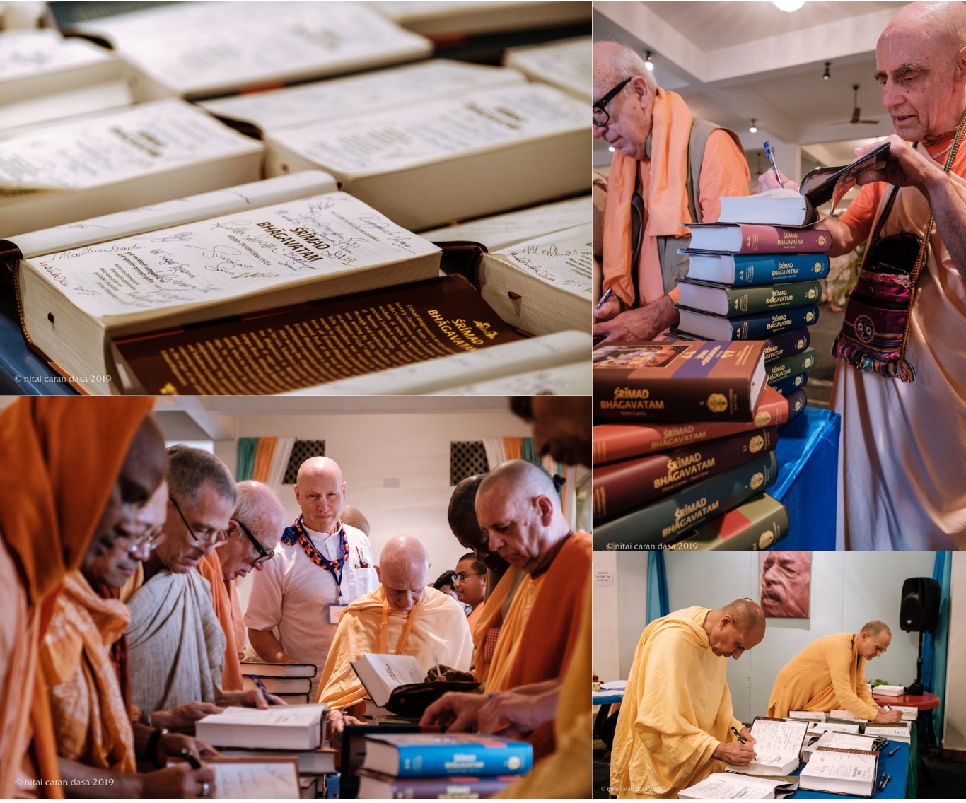 Signed Srimad Bhagavatam volumes and ISKCON leaders signing the books in 2019
